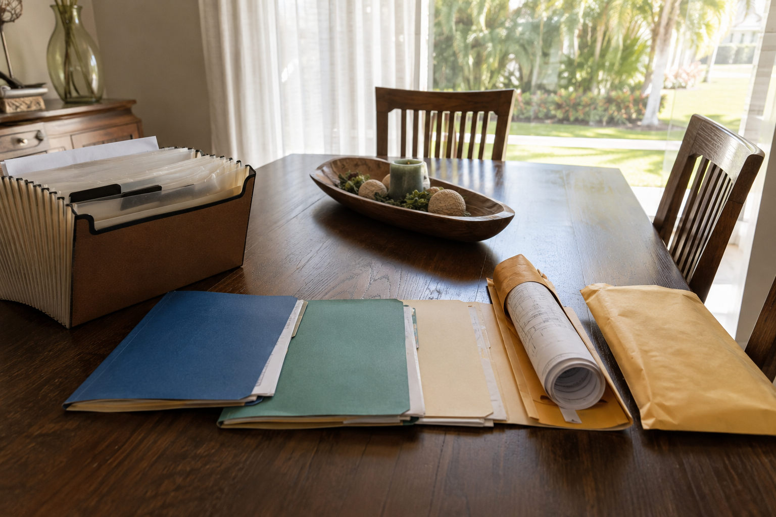 Property records assembled on a dining table in a Palm Beach County, Florida home — an accordion file, document folders and a rolled survey in afternoon light. The scene accompanies an article on the home ownership records worth keeping: title and survey, permit history, association and district documents, insurance declarations, and the tax and assessment notices that make ownership drift visible.