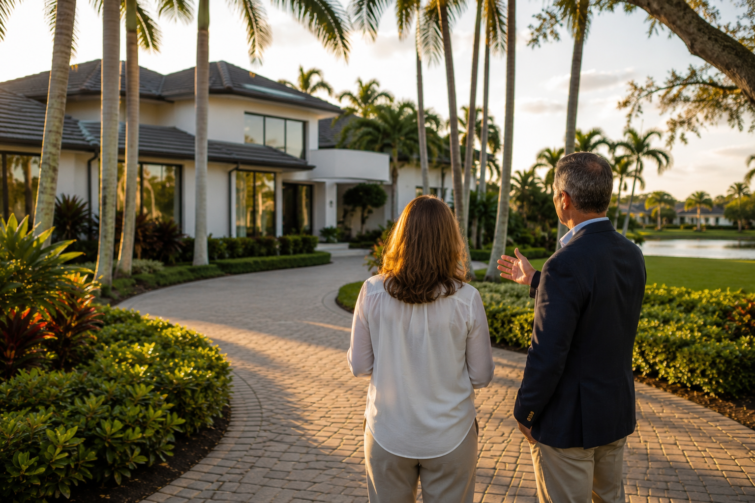 Editorial-style photograph illustrating advisory-focused real estate representation in Palm Beach County, Florida. A homeowner and experienced real estate advisor discuss a residential property in a quiet South Florida neighborhood, emphasizing strategic planning, trusted guidance, and informed decision-making before the transaction begins.