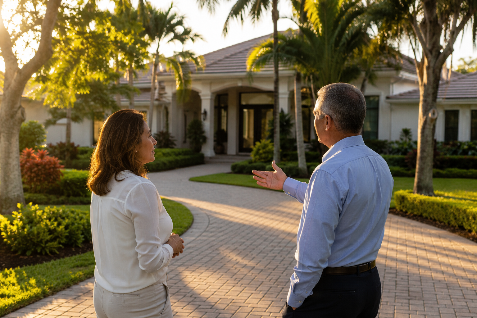 Photorealistic image illustrating advisory-focused real estate representation in Palm Beach County, Florida. An experienced advisor and homeowner discuss long-term property decisions outside a well-maintained South Florida residence. The image emphasizes thoughtful planning, trusted guidance, and strategic decision-making rather than the mechanics of a transaction.