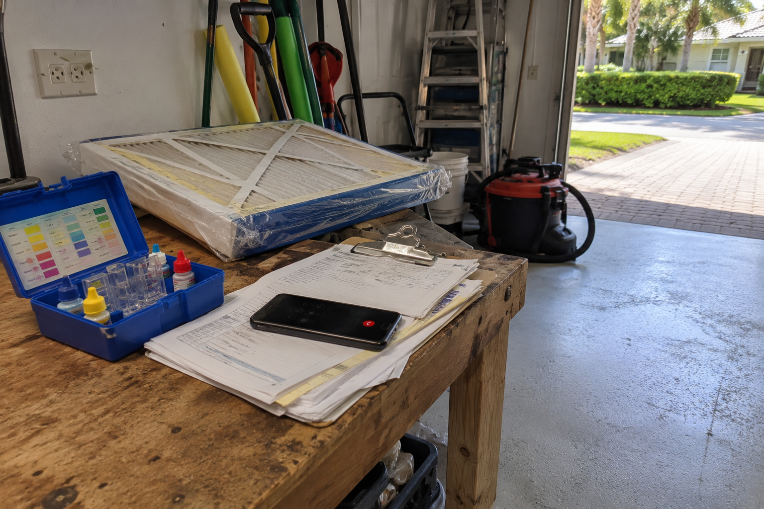 A residential garage work bench in Palm Beach County, Florida, holding pool testing equipment, a replacement air filter and a clipboard of service invoices. The scene accompanies an article on the time cost of owning a home — the doing, coordinating, deciding and monitoring hours that form the labour line in total ownership load. Visual register is deliberately mundane: accumulated small tasks rather than a single project.