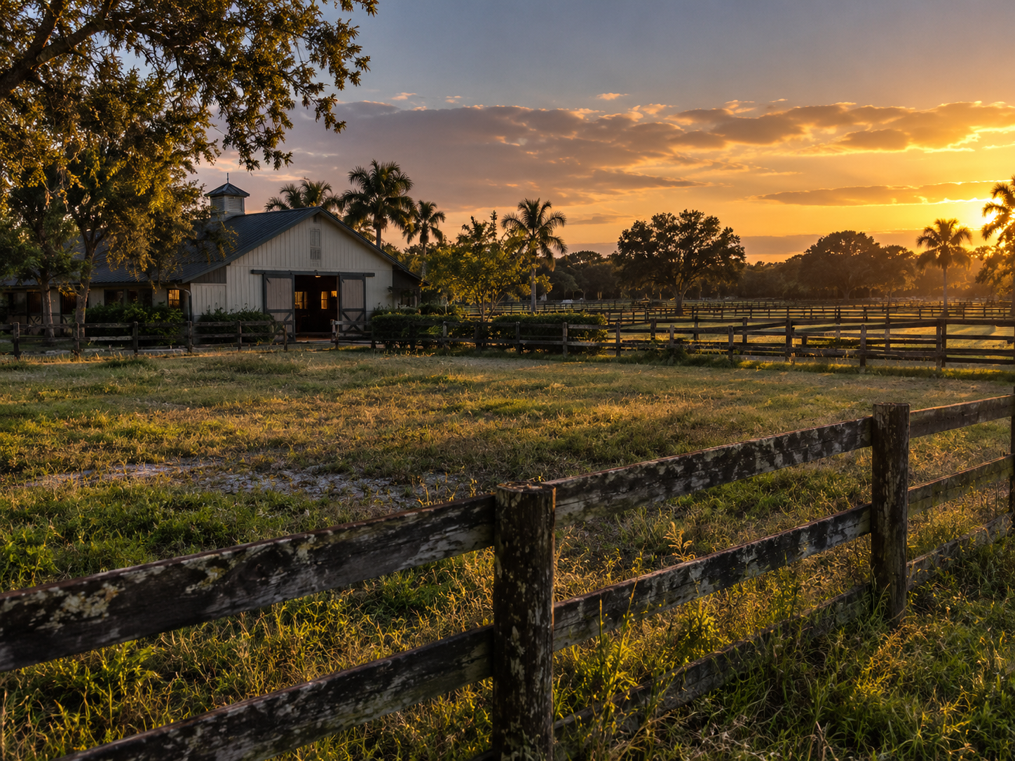 A late-afternoon scene at a Wellington, Florida equestrian property during an unresolved ownership transition — empty paddock, partially open barn, and deferred acreage maintenance visible in the fading light. The image reflects the operational complexity of equestrian property in Palm Beach County divorce cases, where boarding agreements, zoning obligations, and maintenance dependencies affect both valuation and sale readiness. The atmosphere of quiet suspension is intentional, representing properties caught between legal resolution and market preparation.