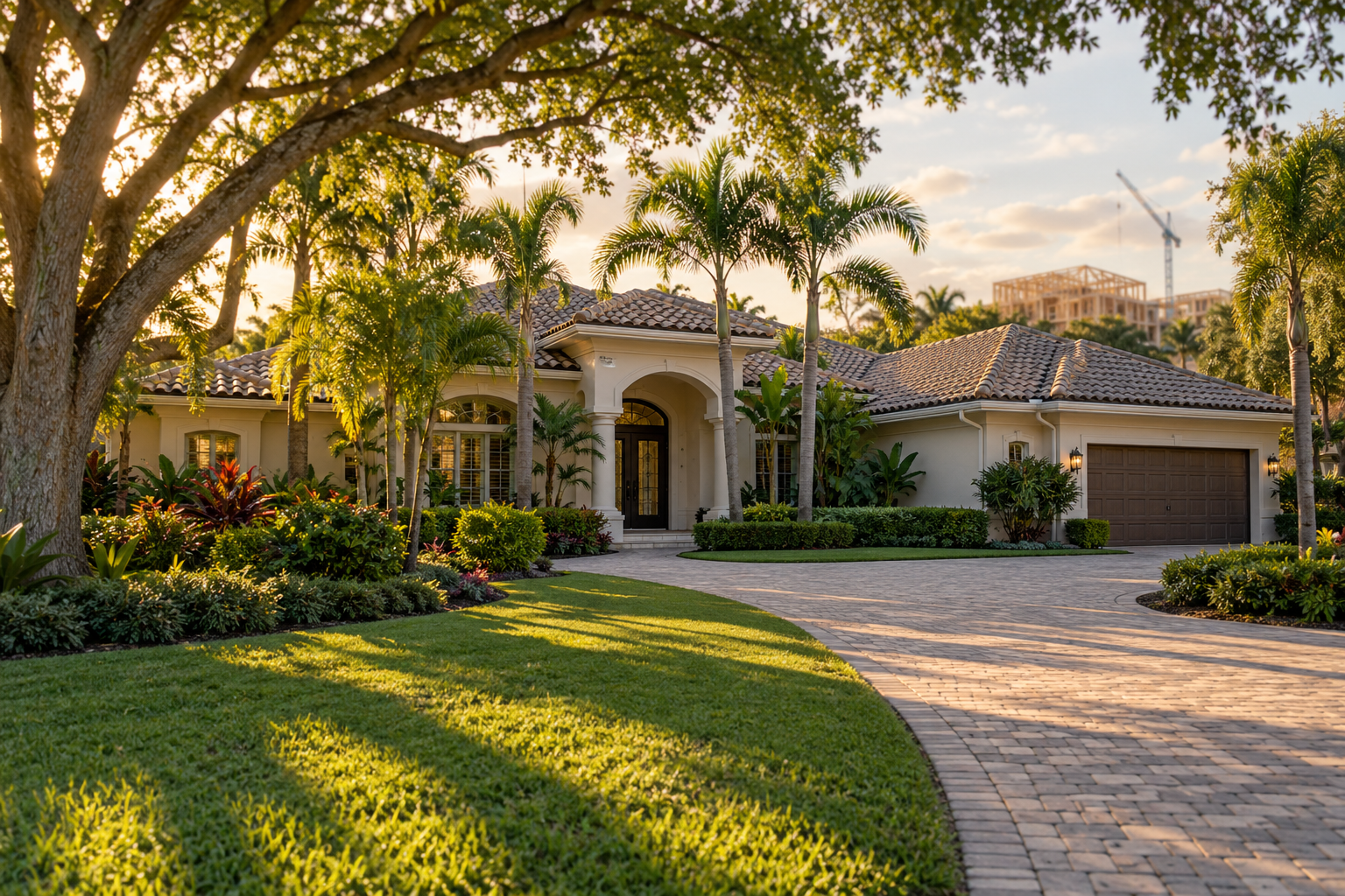 Established Wellington, Florida home with mature trees, with new construction visible in the distance