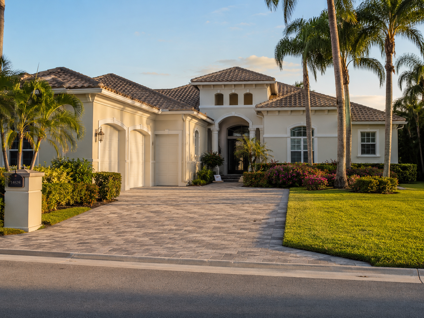 A photorealistic street-level scene of a large single-family home in Wellington, Florida, captured in late afternoon light with an empty driveway and mature subtropical landscaping. The image reflects the behavioral moment when South Florida homeowners — facing rising insurance renewals — begin to recognize that ownership has shifted from asset to obligation. The composition is specific to Wellington and Palm Beach County seller strategy themes, conveying quiet transition rather than distress.