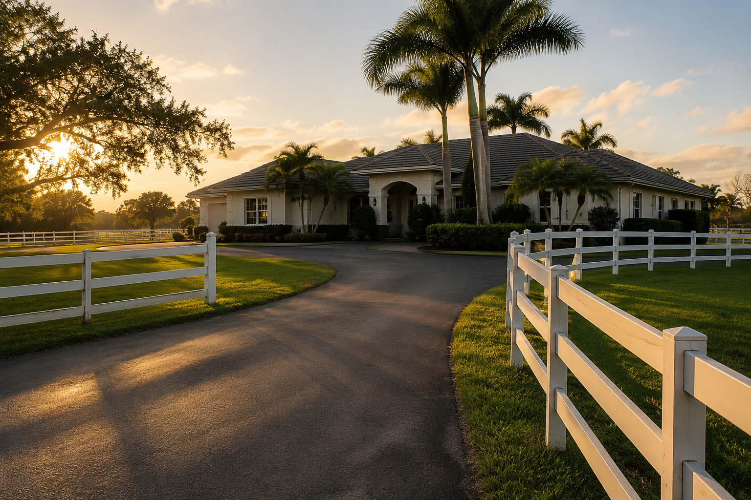 A photorealistic late-afternoon scene in Wellington, FL captures a well-maintained residential property behind white equestrian-style fencing, with no vehicles in the driveway and soft golden light falling across the grounds. The image reflects the Wellington community's distinctive character — a neighborhood where homeowner transitions often involve not just a property decision but a lifestyle one. The visual tone conveys quiet ownership rather than vacancy, suited to content about simplifying ownership and the emotional pace of Palm Beach County homeowner transitions.