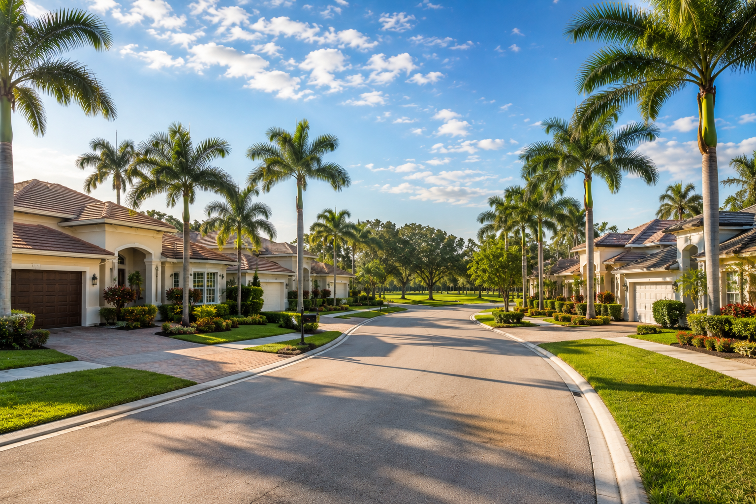 Beautiful residential neighborhood in Wellington, Florida featuring palm tree lined streets, manicured landscaping, well-maintained homes, open green spaces, and sunny South Florida weather.