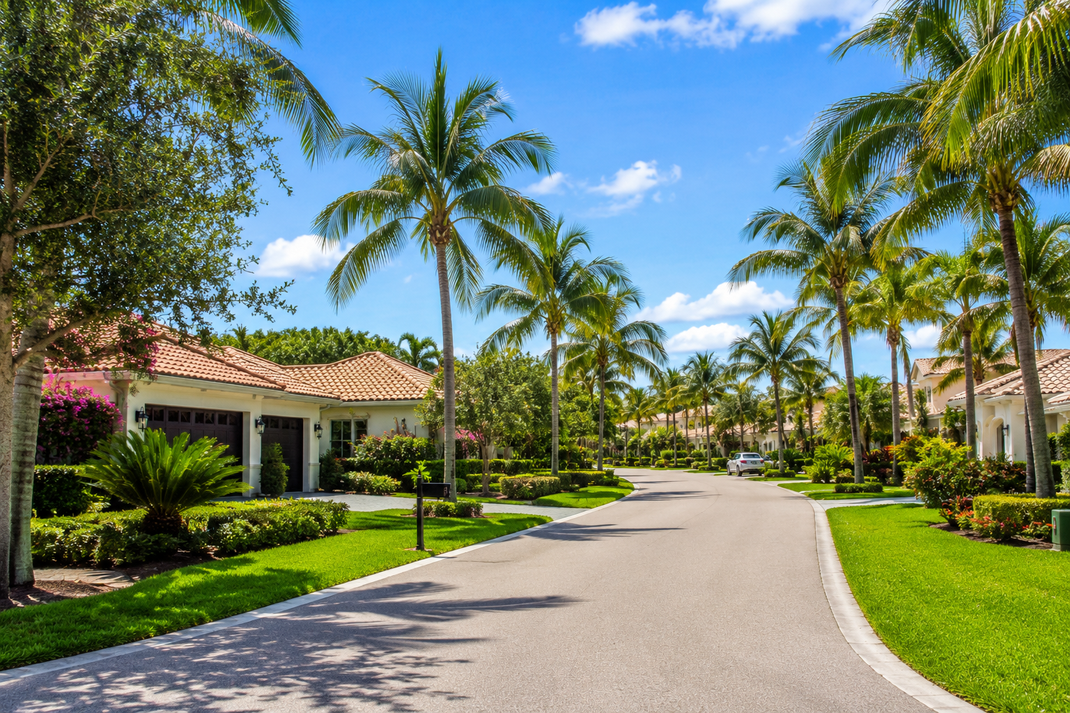 Sunny Wellington Florida residential street with palm trees and well-maintained homes representing local real estate and daily living.