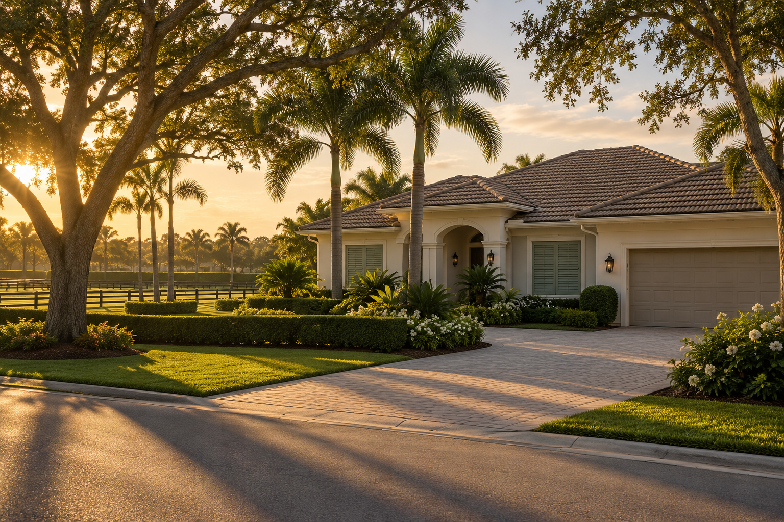 A late-afternoon residential scene in Wellington, Florida, capturing the quiet stillness that follows peak equestrian season &mdash; a maintained home with closed shutters and an empty driveway framed by mature shade trees in low golden light. The image accompanies content exploring how Wellington's overlapping school enrollment and equestrian season calendars create a specific timing pattern for healthcare-professional families relocating to Palm Beach County. The visual register reflects the between-seasons compression that defines Wellington's relocation dynamics
