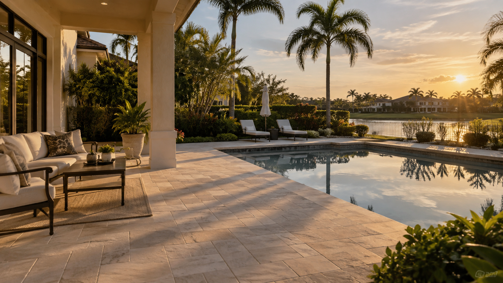 A photorealistic South Florida residential backyard in Wellington, Florida, photographed in late afternoon with long shadows crossing an unoccupied patio beside a well-maintained pool. The scene reflects the emotional register of ownership fatigue — a property carefully maintained but quietly underused — supporting the blog topic of Wellington homeowners who privately decide to simplify long before they act. The visual composition emphasizes stillness and accumulated routine rather than enjoyment, reinforcing the article's core behavioral observation about the gap between internal simplification decisions and external action.
