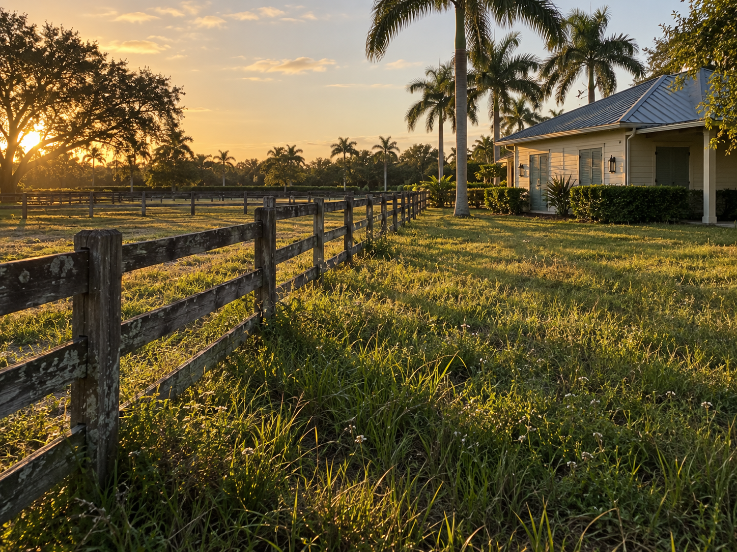 A photorealistic late-afternoon scene of a Wellington, Florida acreage property showing an extended fence line, vacant paddock area, and a secondary structure with closed shutters. The image reflects the specific preparation and coordination realities facing out-of-state heirs managing inherited estate properties through probate in Palm Beach County. The quiet, transitional visual register reinforces the gap between legal readiness and market readiness that defines this homeowner situation.