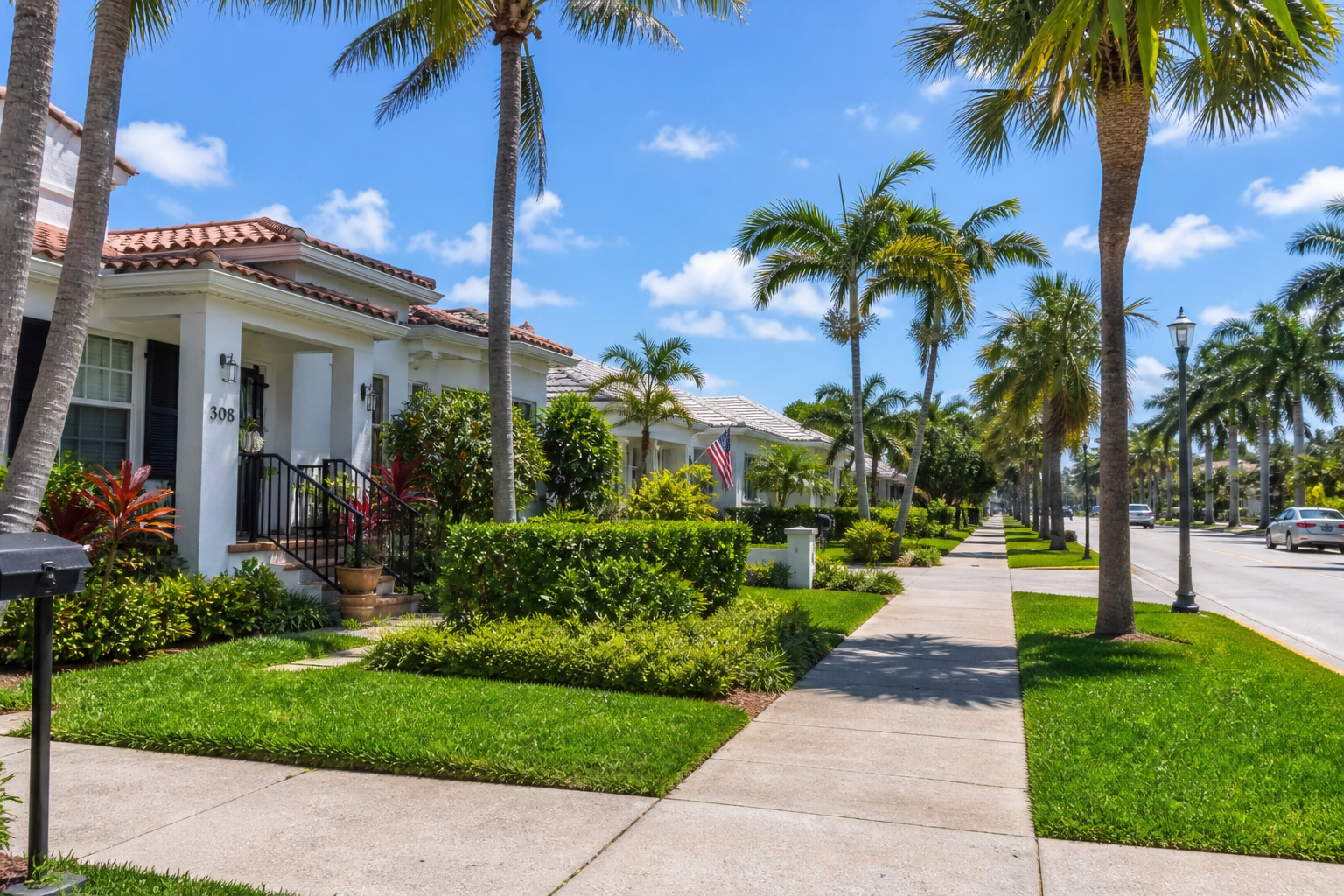 West Palm Beach Florida neighborhood with palm trees and residential homes showing what it is like to live in West Palm Beach FL lifestyle