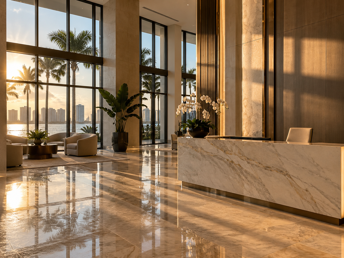 A quiet, sun-lit high-rise condominium lobby interior in West Palm Beach, Florida, photographed with no occupants — conveying the suspended, waiting quality of a probate estate transaction stalled by a condominium association approval process. The image reflects the operational reality of high-rise probate sales in Palm Beach County, where board meeting schedules and application requirements routinely extend closing timelines beyond what personal representatives and beneficiaries anticipate.