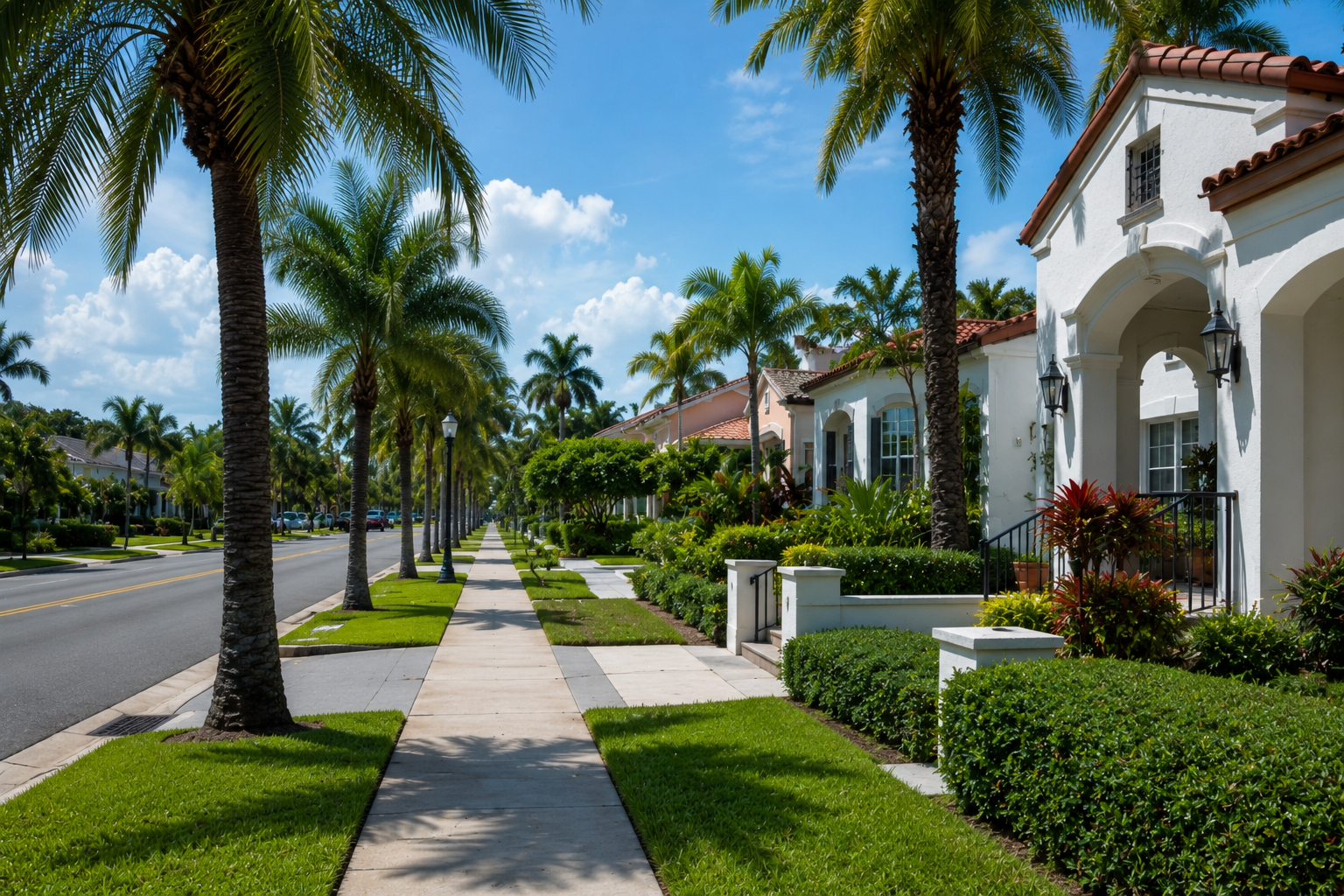 West Palm Beach Florida residential street with palm trees, sidewalks, clean landscaping, and bright natural daylight.