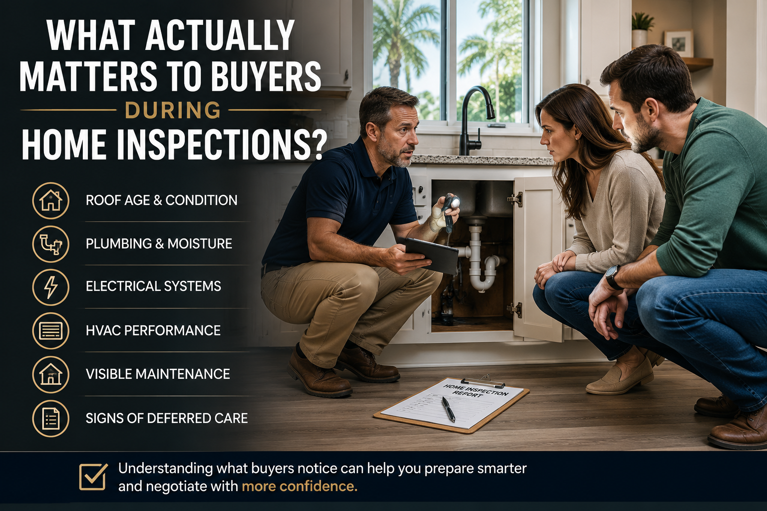 Florida home inspection discussion between buyer and inspector reviewing property condition before sale.