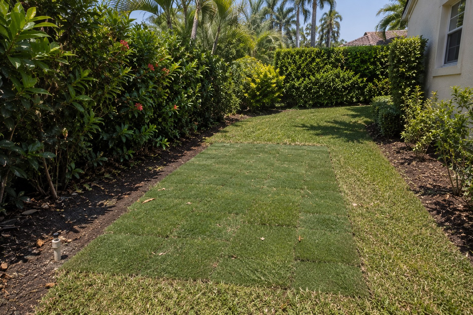 A residential back garden in Palm Beach County, Florida where a decorative water feature has been removed and turf laid over the footprint, with a capped supply line at the edge. The scene accompanies an article on home improvements that reduce ownership costs, the distinction between spending that changes what a property asks of its owner and spending that only changes the property.