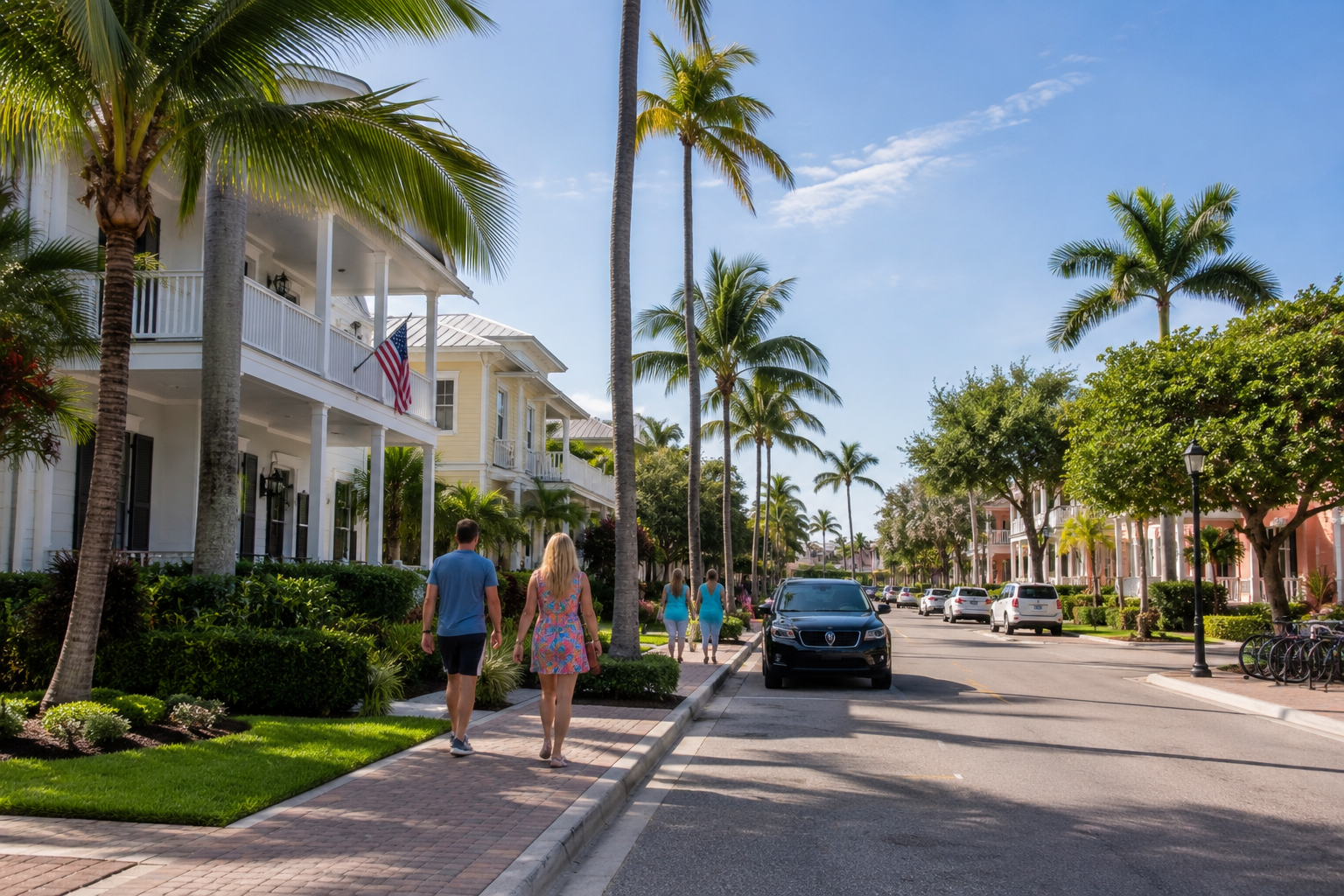Palm-lined Delray Beach neighborhood street with mixed home styles, pedestrians, and natural South Florida residential atmosphere in daylight