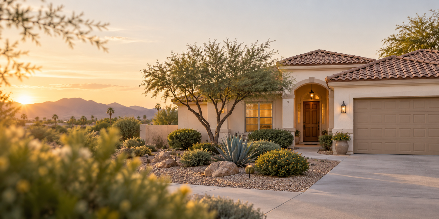 Illustration of a welcoming Arizona home with desert landscaping at sunset