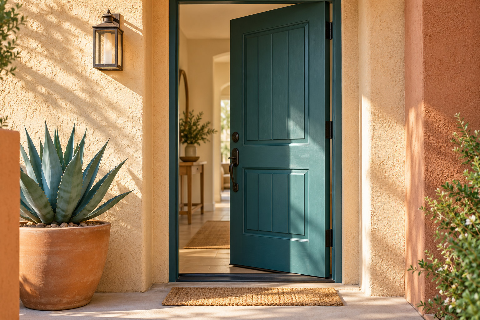 Open teal front door of an Arizona home with warm stucco walls and a potted agave