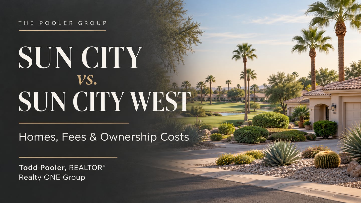 Sun City vs. Sun City West: Homes, Fees and Ownership Costs. Illustrative Arizona homes and golf setting. Todd Pooler, Realty ONE Group.