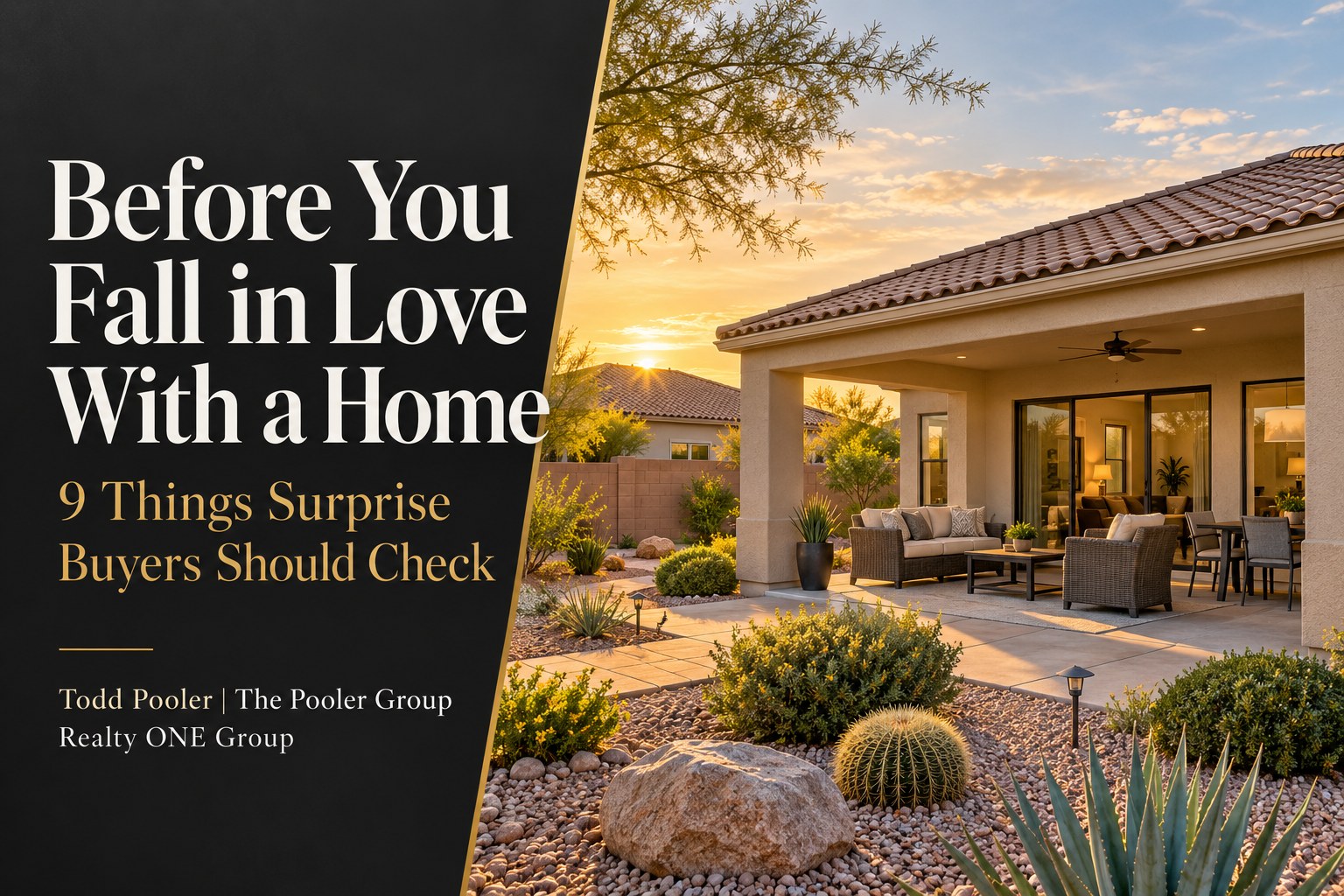 Arizona home and shaded patio beside the headline Before You Fall in Love With a Home: 9 Things Surprise Buyers Should Check