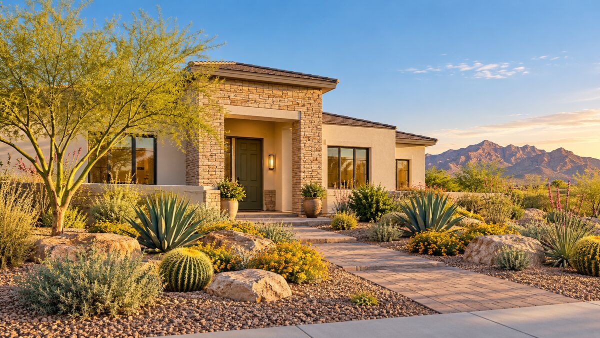 Illustration of a Southwestern home with desert landscaping for the Surprise, AZ Realtor guide