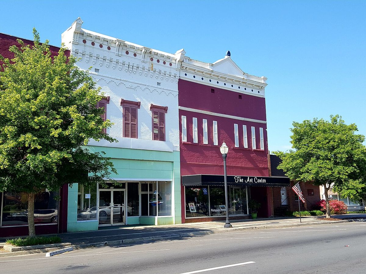 Restored nineteenth-century storefronts on Howell Street in downtown Hartwell, Georgia