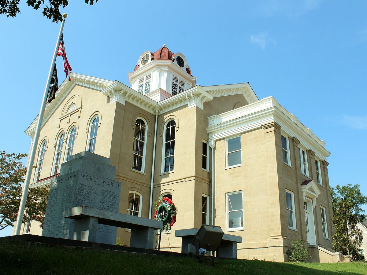 The 1879 Jackson County Courthouse with its clock tower in Jefferson, Georgia