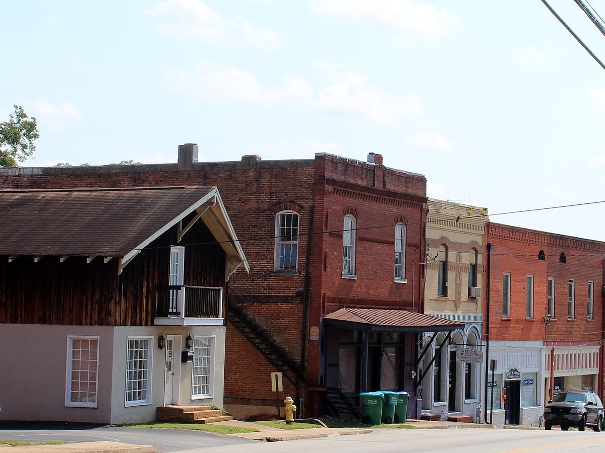 Historic brick storefronts along Washington Street in Jefferson, Georgia