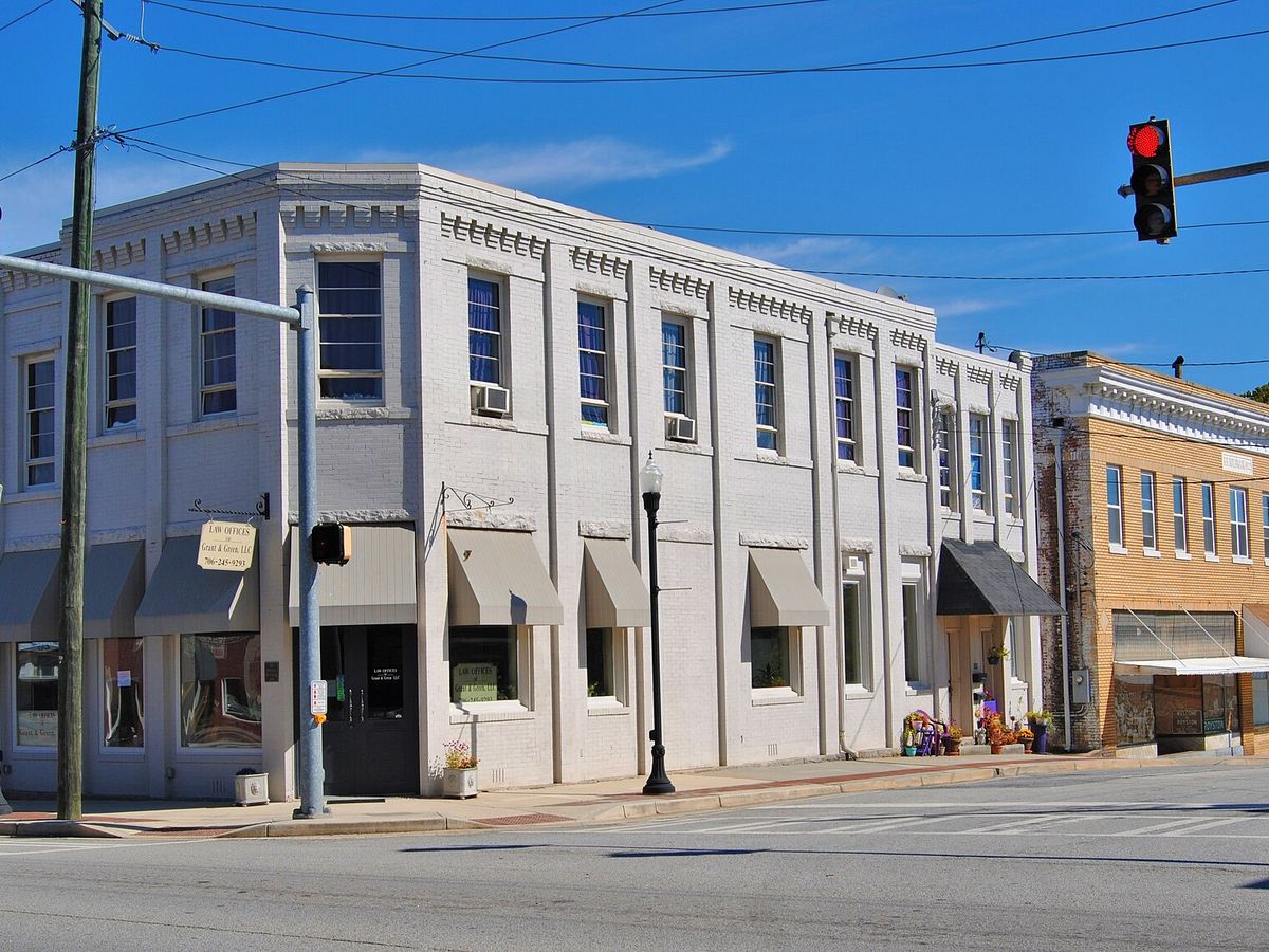 Historic two-story commercial buildings at Bowers and Church streets in Royston, Georgia