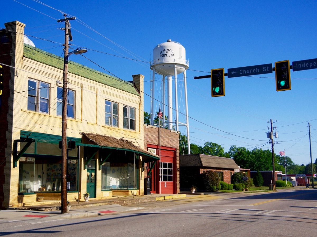 Early twentieth-century brick commercial buildings on Hulin Avenue in Tignall, Georgia