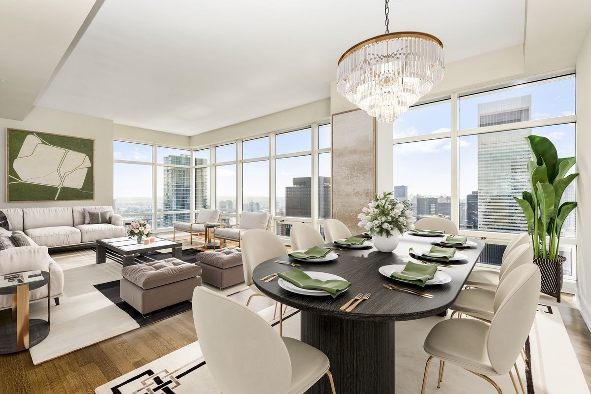 Midtown NYC luxury condo with living and dining room, chandelier, and skyline views