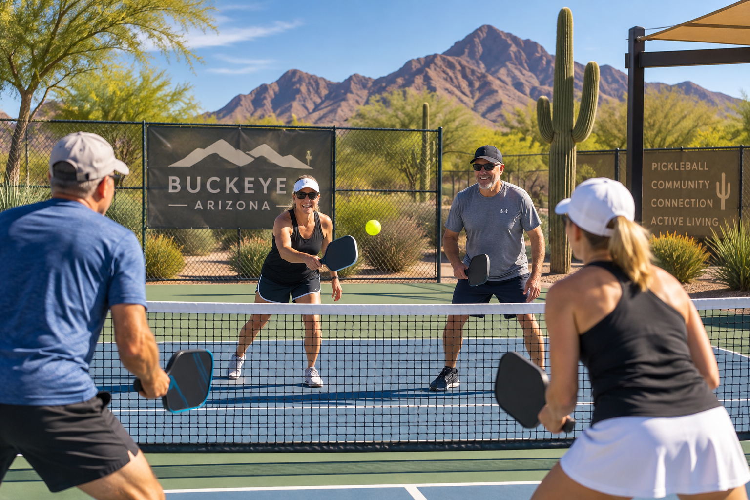 Pickleball court with painted lines and net in a Buckeye AZ neighborhood, an example of community pickleball amenities