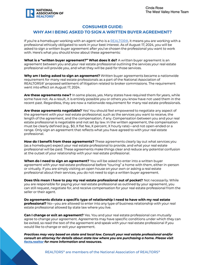 NAR consumer guide: Why am I being asked to sign a written buyer agreement? Provided by Cinda Rose, The West Valley Home Team