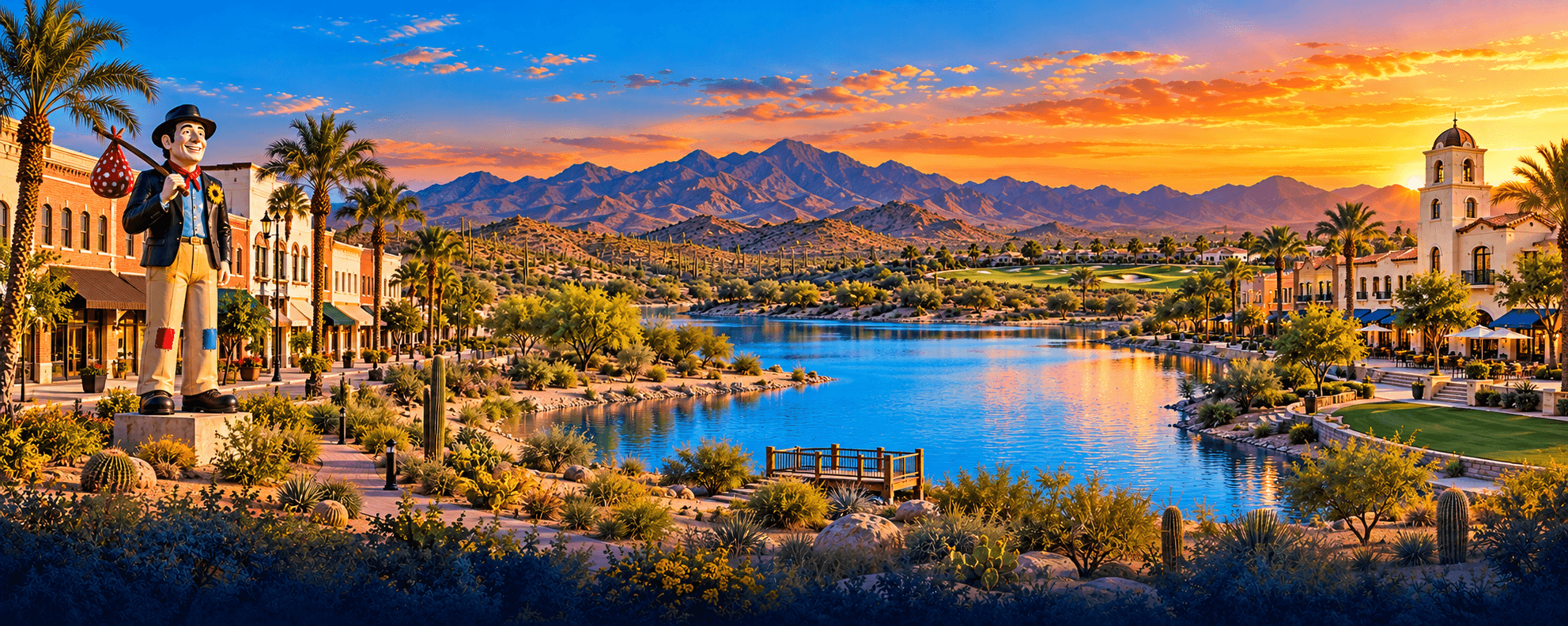 Lakeside town center with mountain views at sunset in Buckeye, Arizona