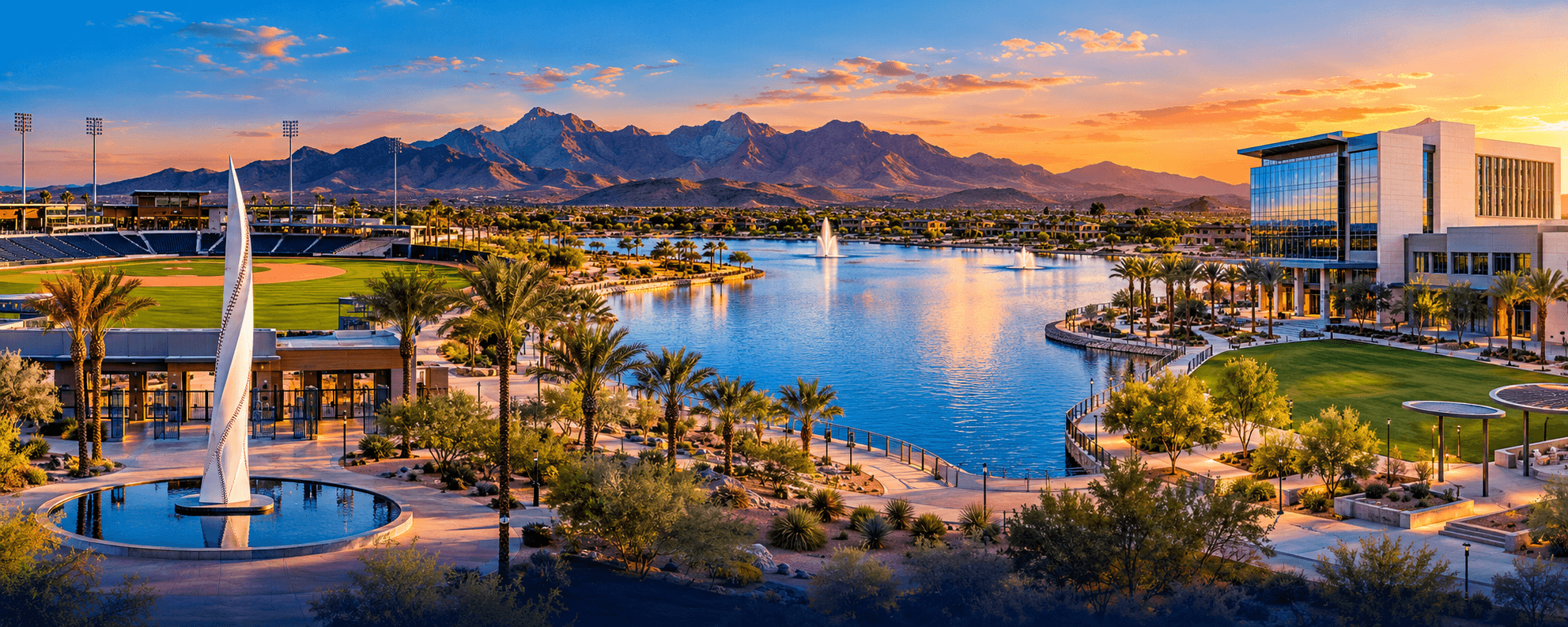 Lake, palm trees and mountains at sunset in Goodyear, Arizona