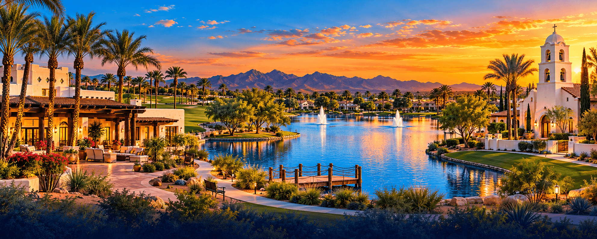 Palm-lined lake and historic buildings at sunset in Litchfield Park, Arizona