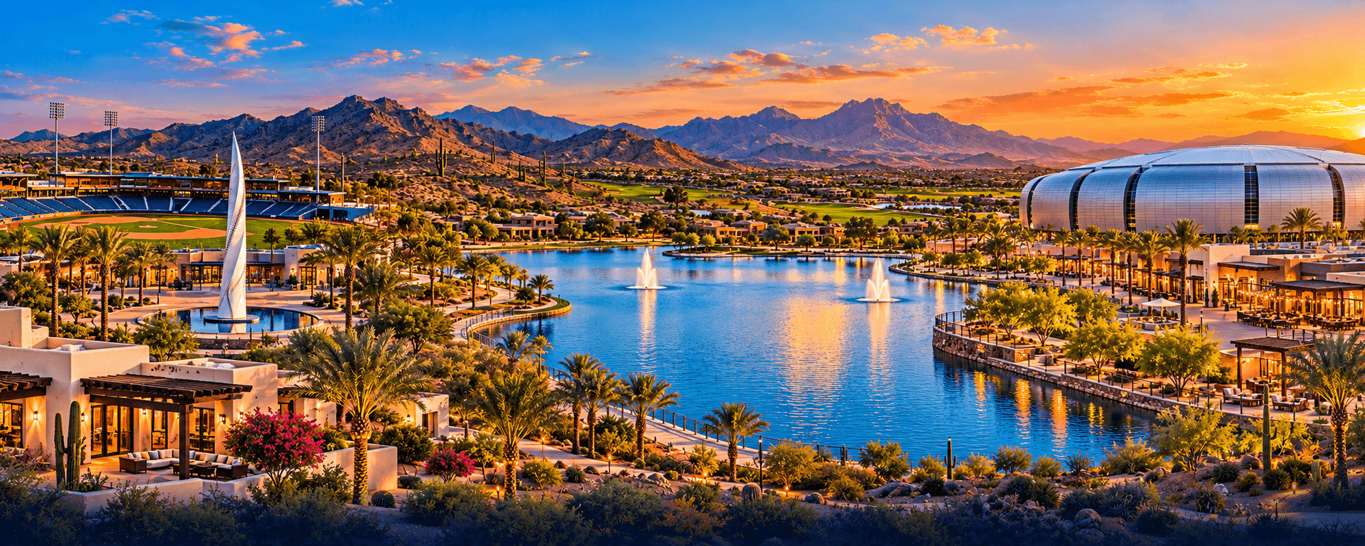 Sunset over a lake, palm trees and mountains in the West Valley of Phoenix, Arizona