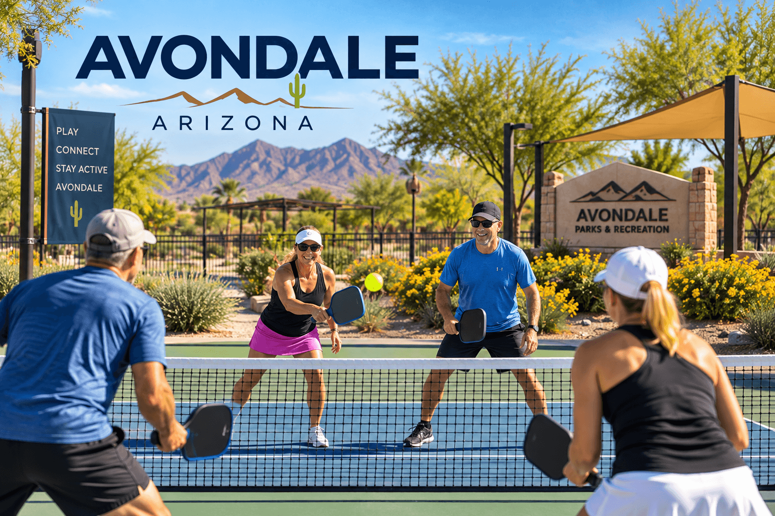 Outdoor pickleball court in a residential community in Avondale, Arizona with homes in the background