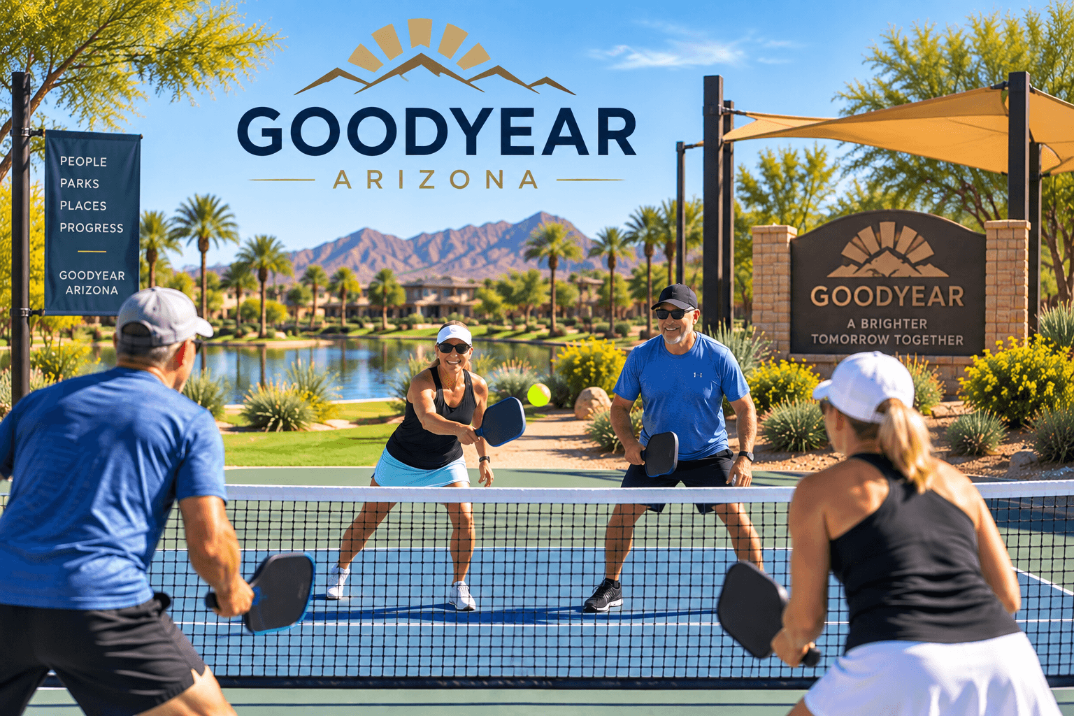 Outdoor pickleball court in a residential community in Goodyear, Arizona with homes in the background