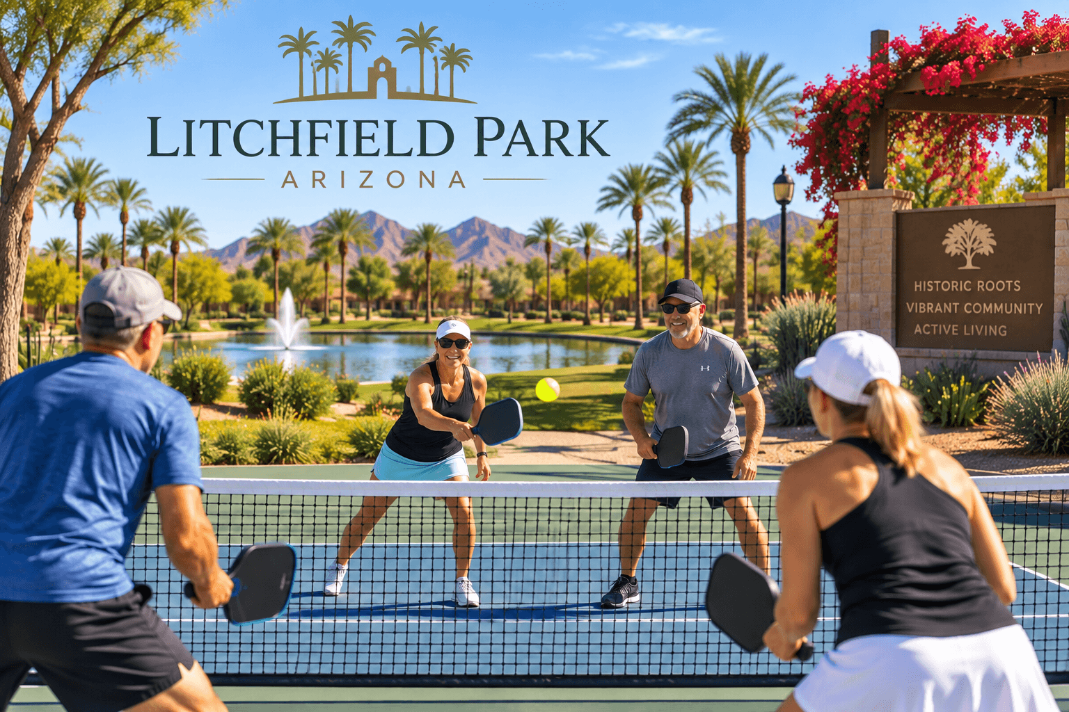 Outdoor pickleball court in a residential community in Litchfield Park, Arizona with homes in the background