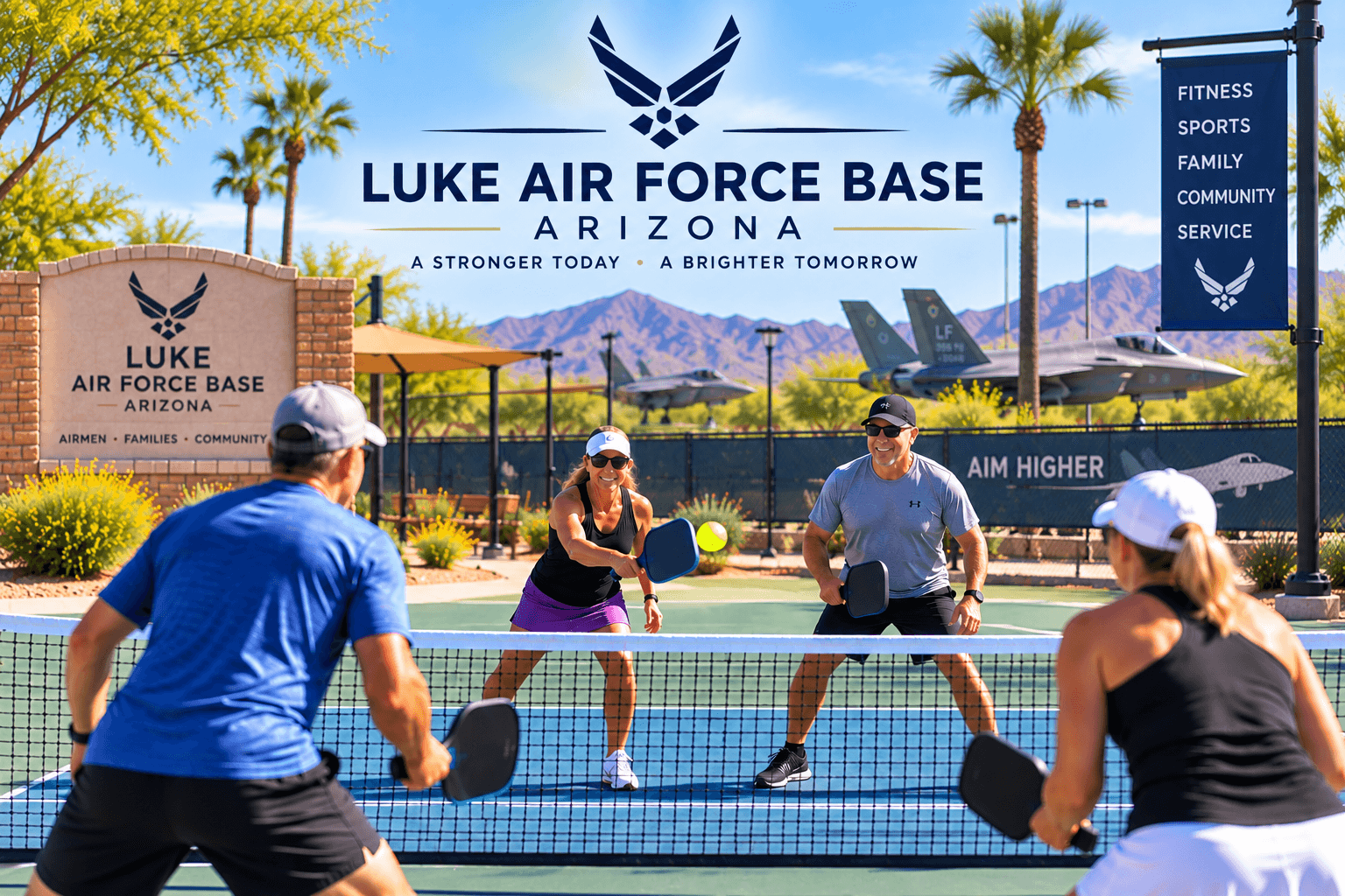 Outdoor pickleball court in a residential community near Luke AFB, Arizona with homes in the background