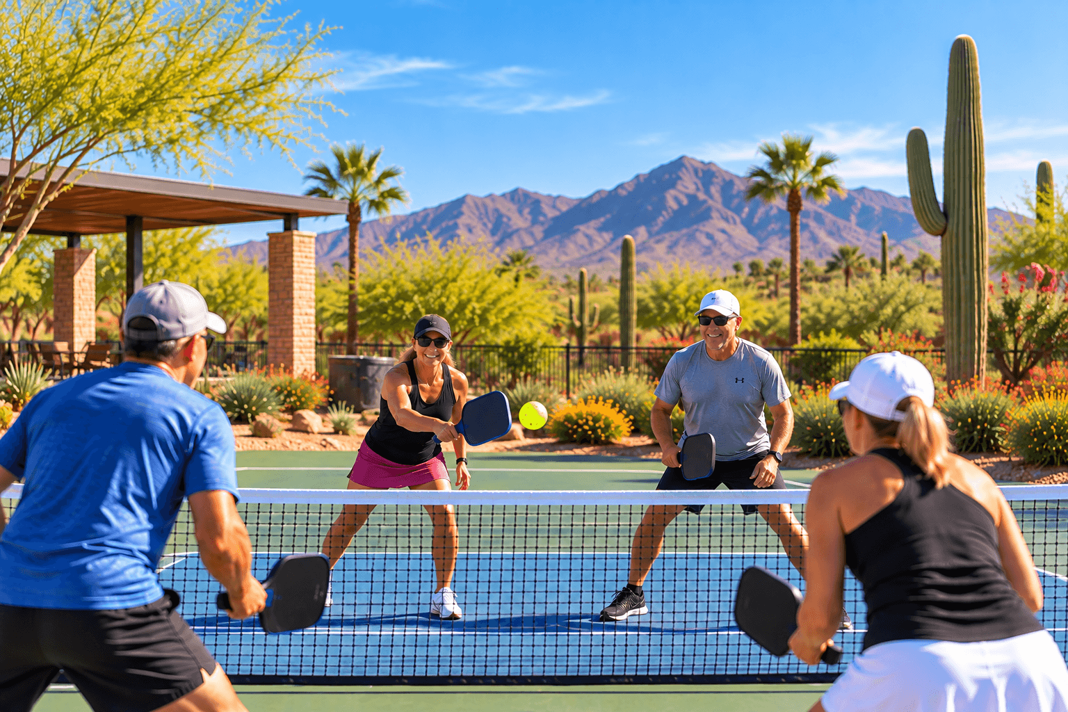 Pickleball paddles and ball on an outdoor court in a West Valley Arizona community