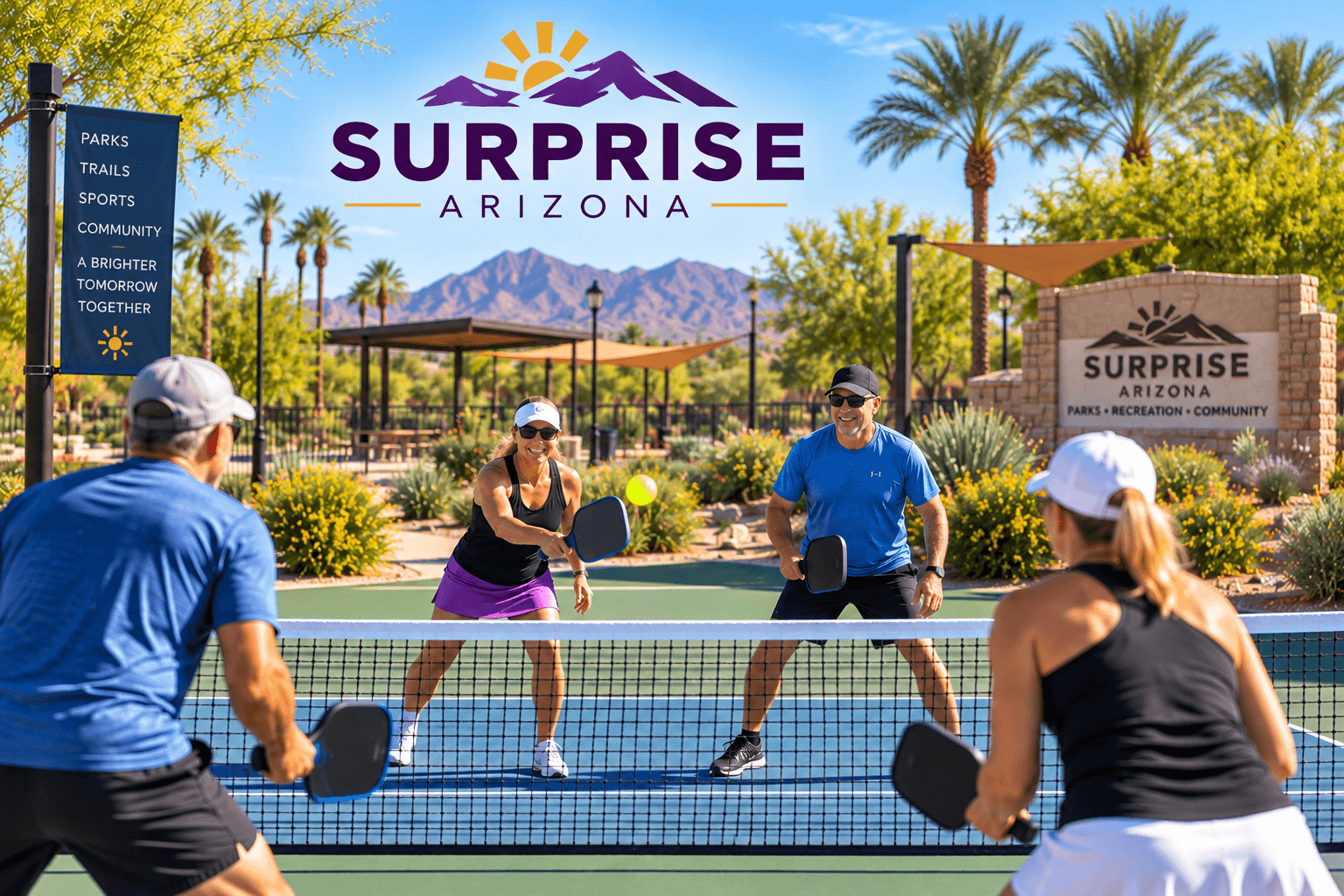 Outdoor pickleball court in a residential community in Surprise, Arizona with homes in the background