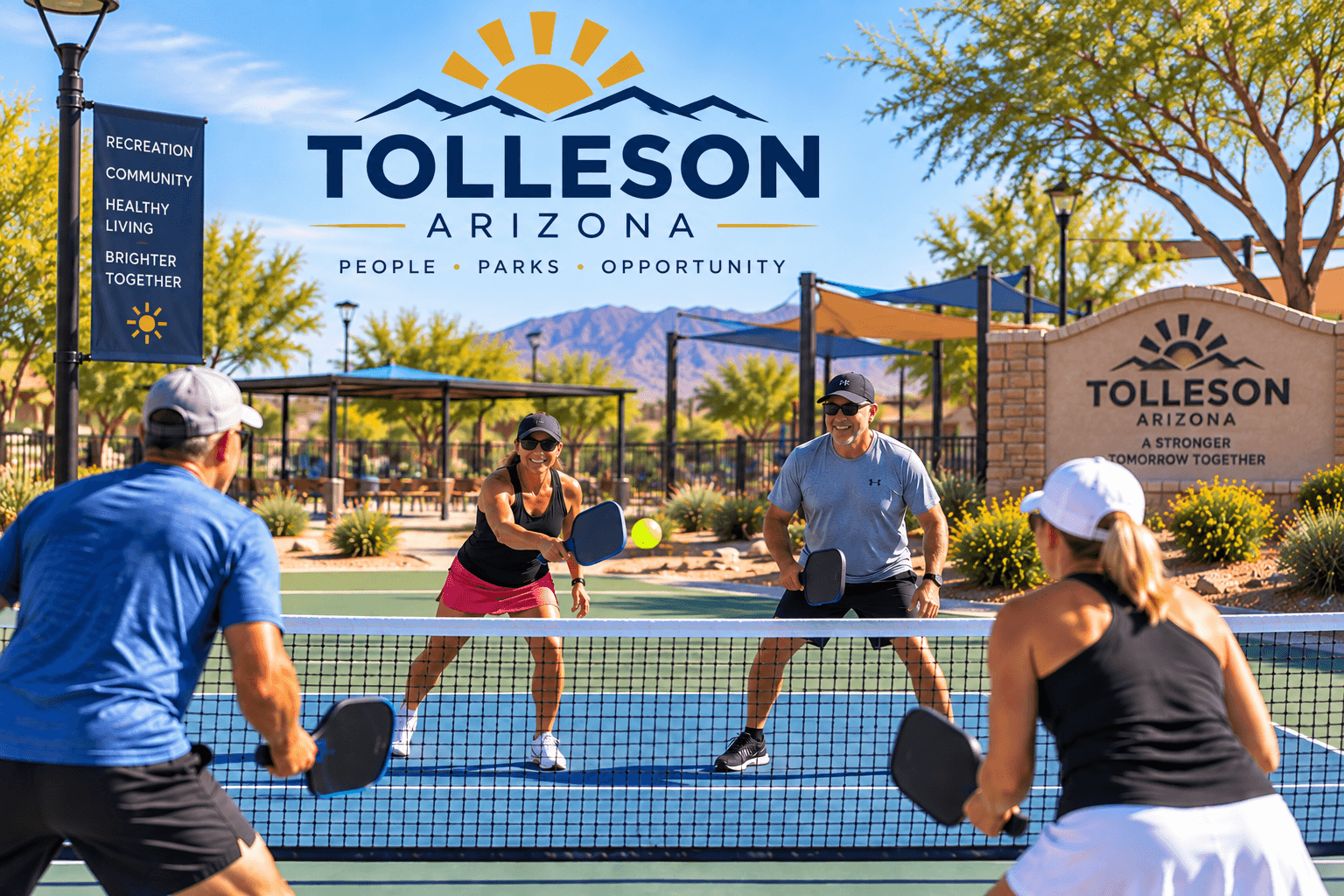 Outdoor pickleball court in a residential community in Tolleson, Arizona with homes in the background