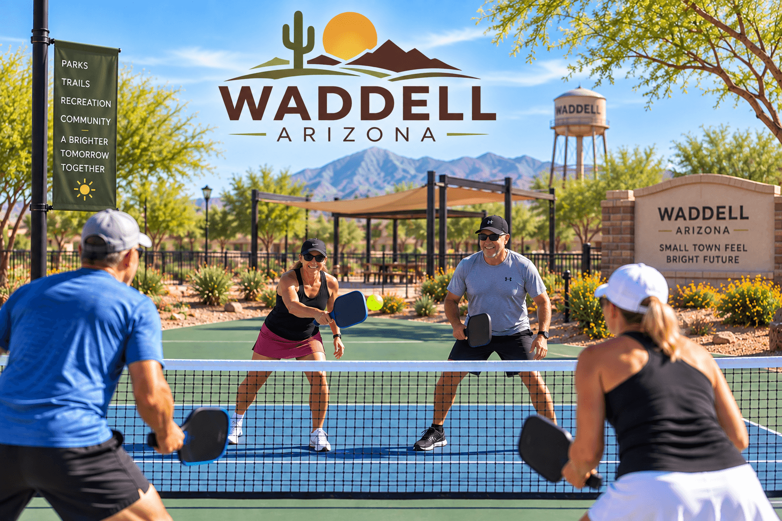 Outdoor pickleball court in a residential community in Waddell, Arizona with homes in the background