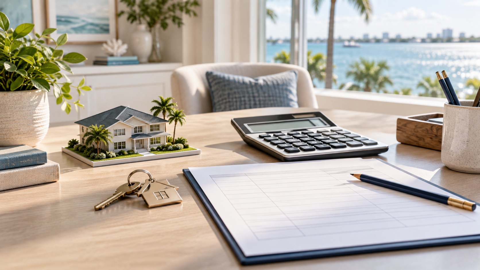 Calculator, home model and keys representing Florida property-tax planning for homebuyers