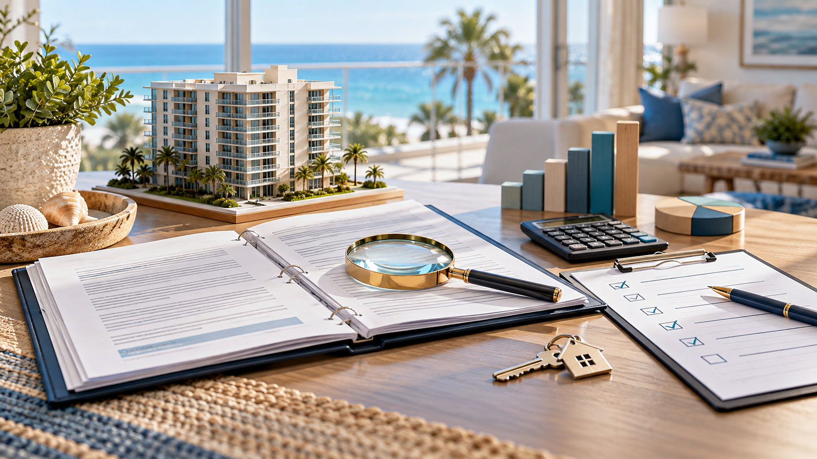 Condominium documents, inspection checklist, calculator and key being reviewed before a purchase