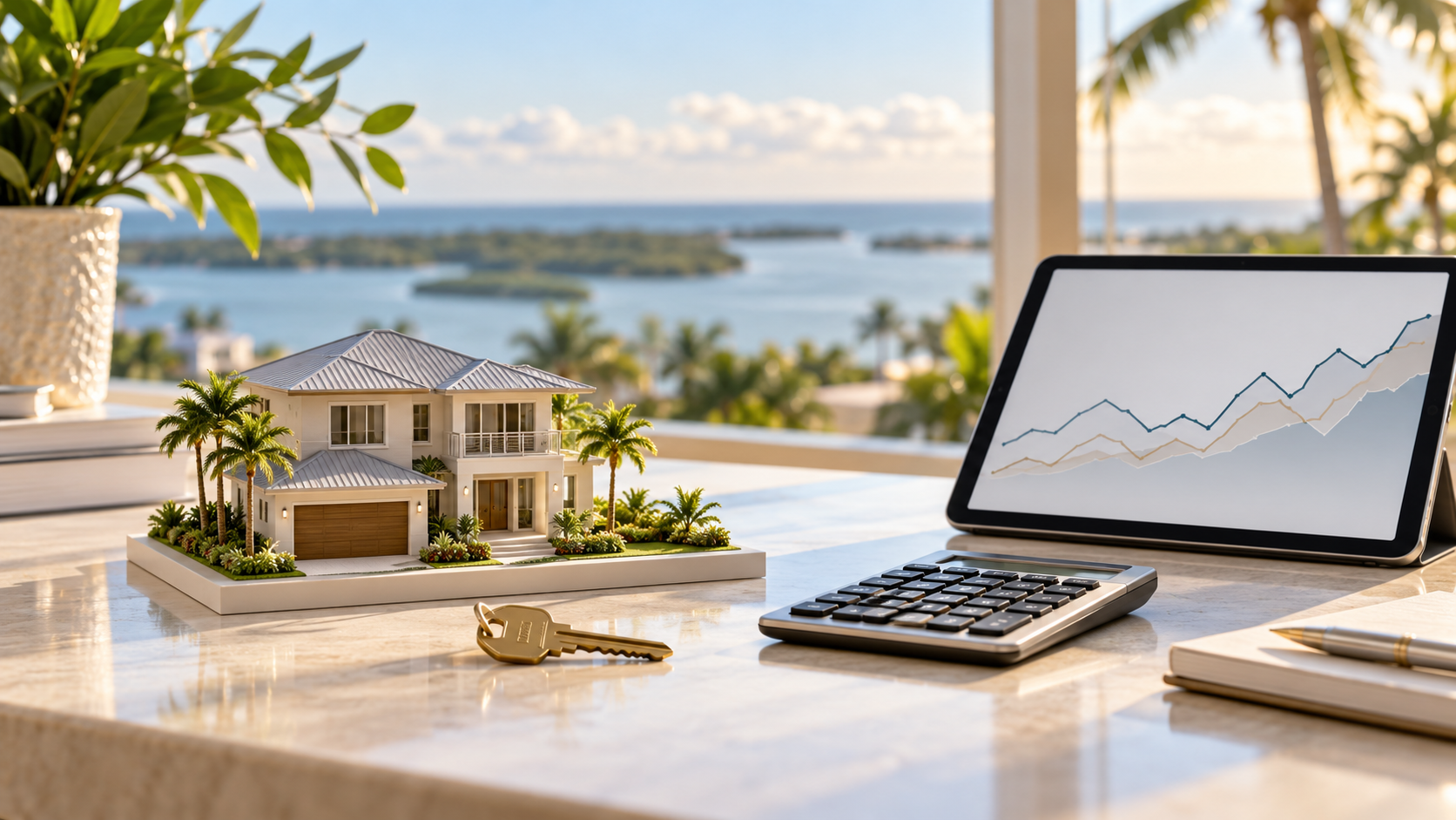 Model coastal home, house key, calculator and market chart for a Naples and Marco Island real estate update