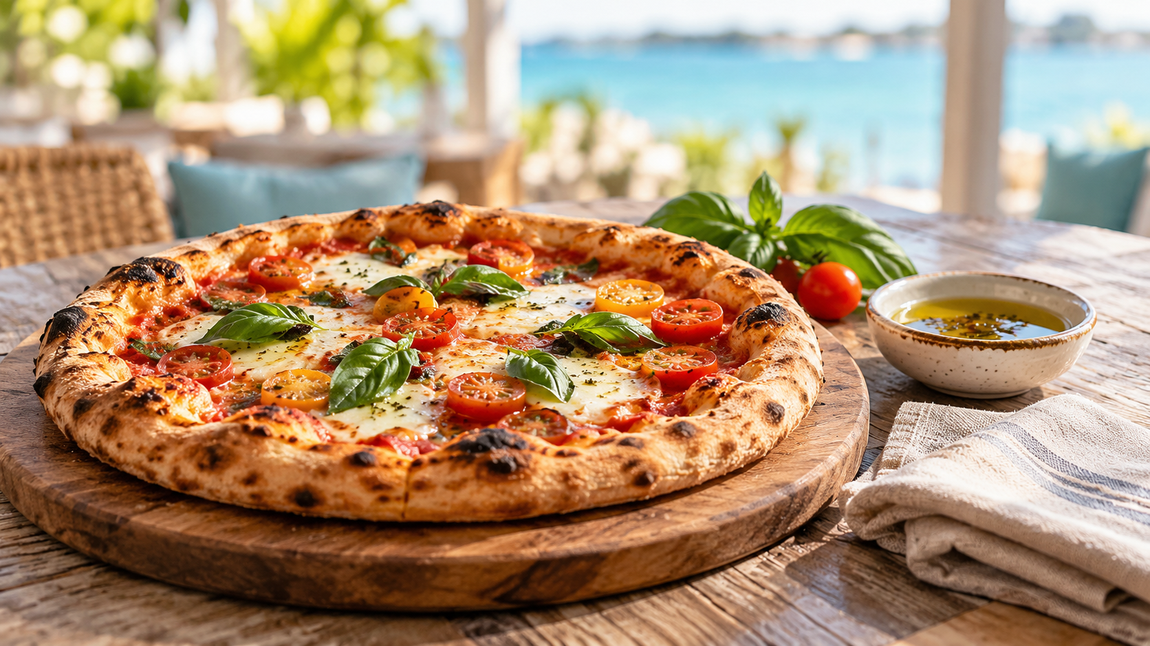Artisan pizza in a bright coastal dining setting