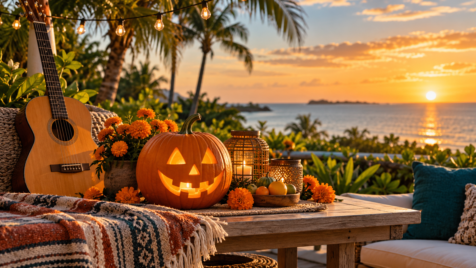Pumpkin, marigolds and acoustic guitar on a tropical coastal patio at sunset