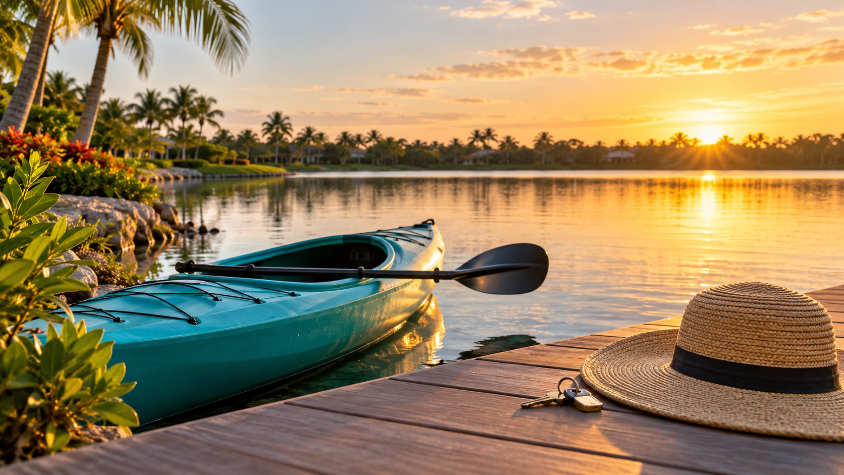 Illustrative lake lifestyle scene with a kayak and house key for the Naples Reserve community spotlight